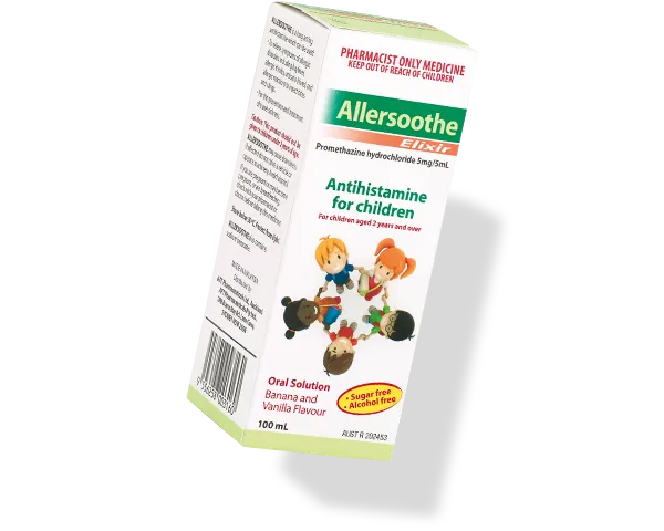 Allersoothe® Elixir antihistamine oral solution for children aged 2 years and over.